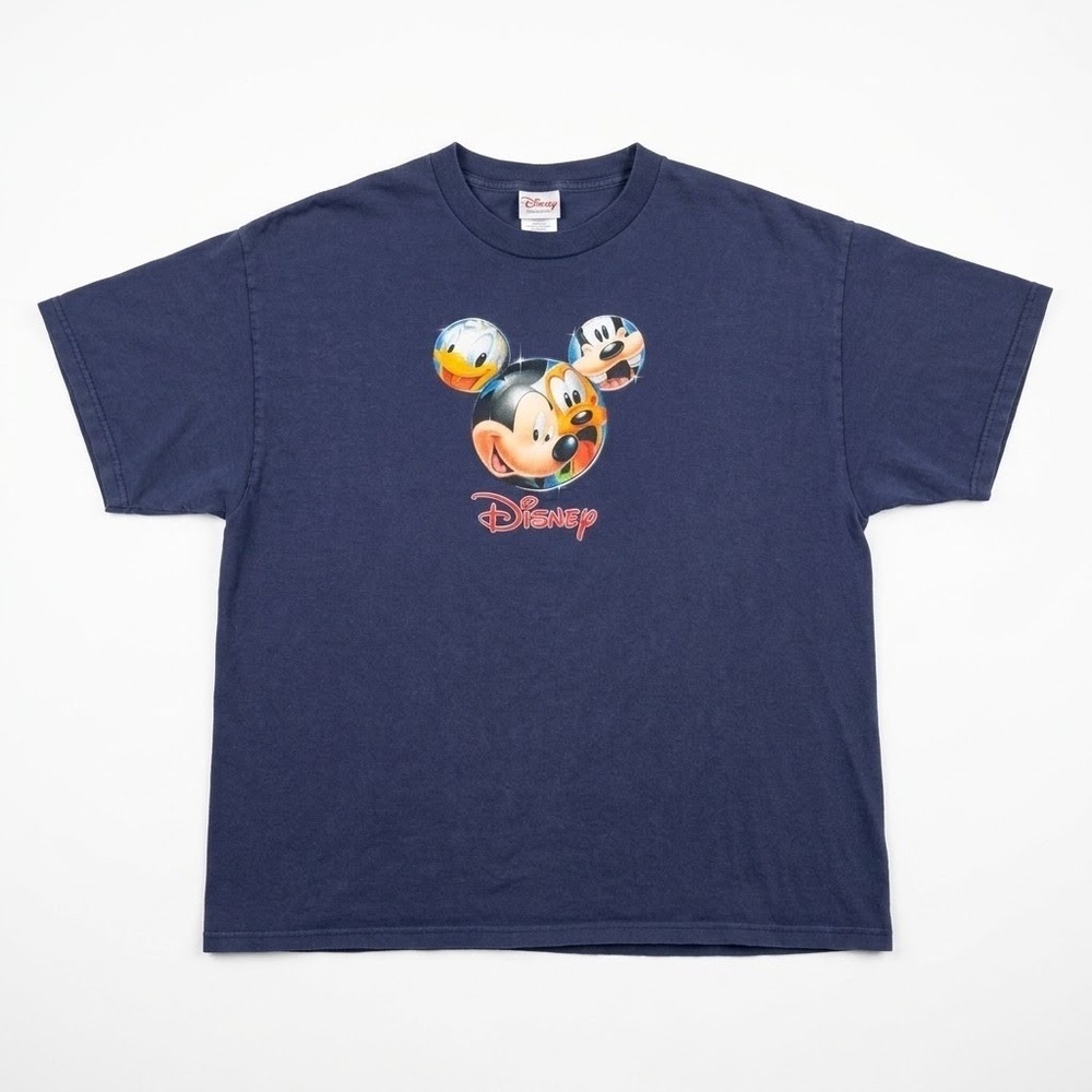 Disney Shopping Mens XL T Shirt Mickey Donald Goofy Graphic Navy Blue Distressed